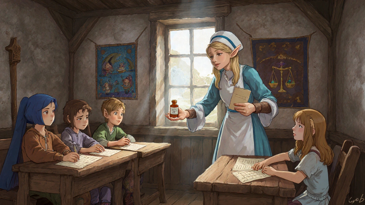 Elven nurse giving cyproheptadine tablets to focused children in a village clinic, sunlight streaming.