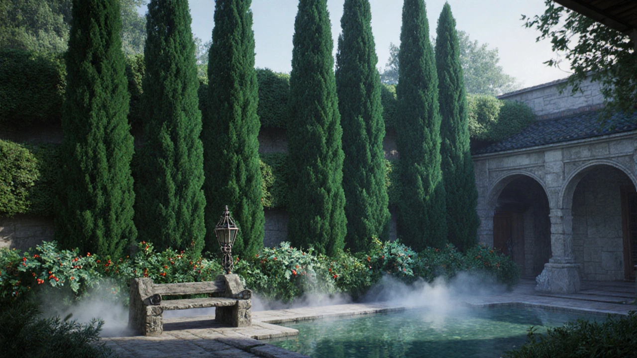Evergreen hedges form a windbreak protecting a stone bench in a misty courtyard.