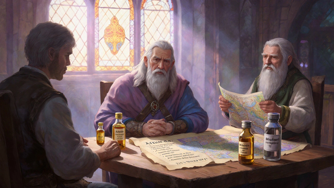 Healer discussing cost, reversal, and lifestyle with patient, displaying scrolls of Aclotad vs Warfarin.