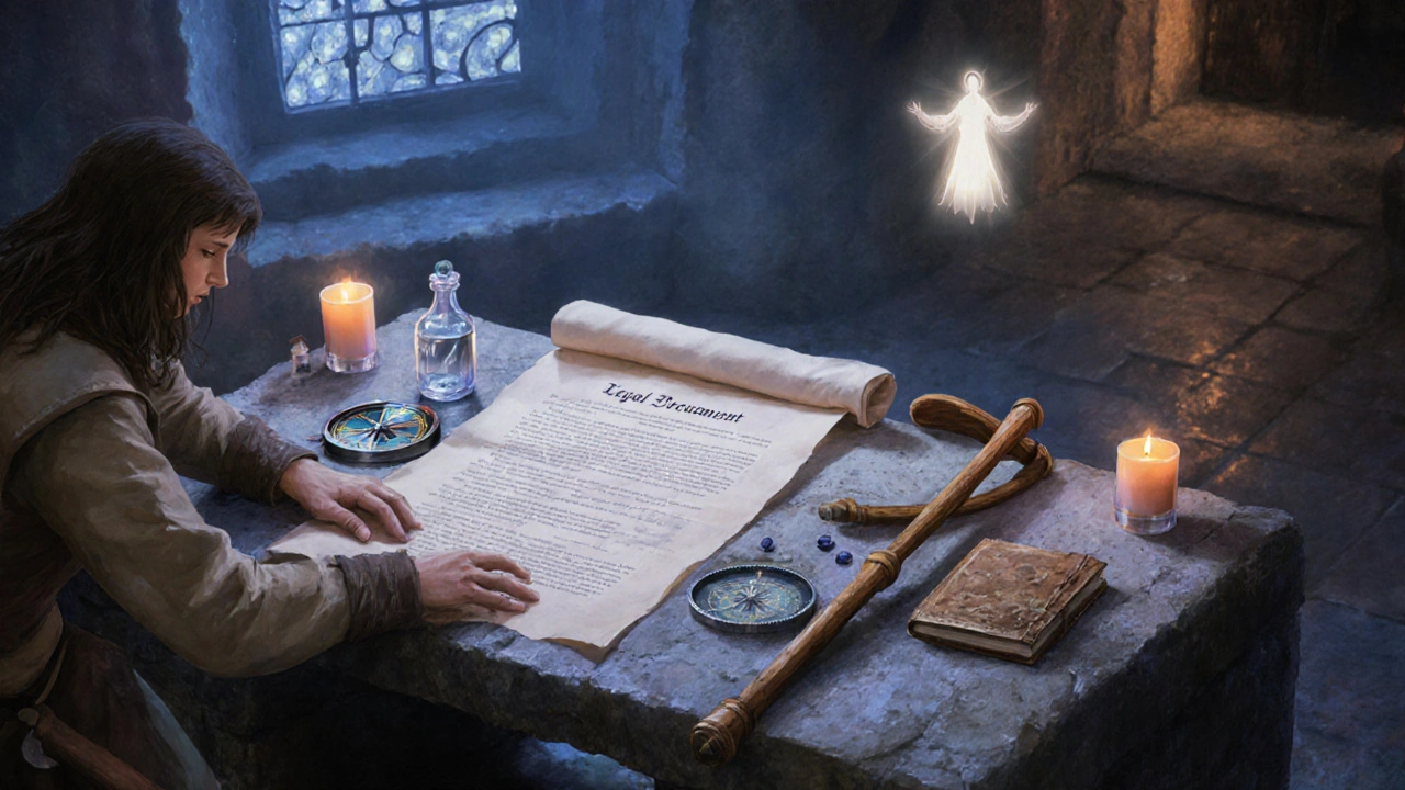 Inventory table with scrolls, compass, crutch, vial, and journal symbolizing end‑of‑life preparation.