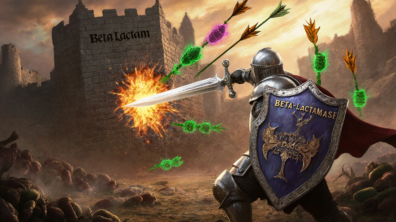 Knight uses sword and shield to break bacterial wall and block enzymes.