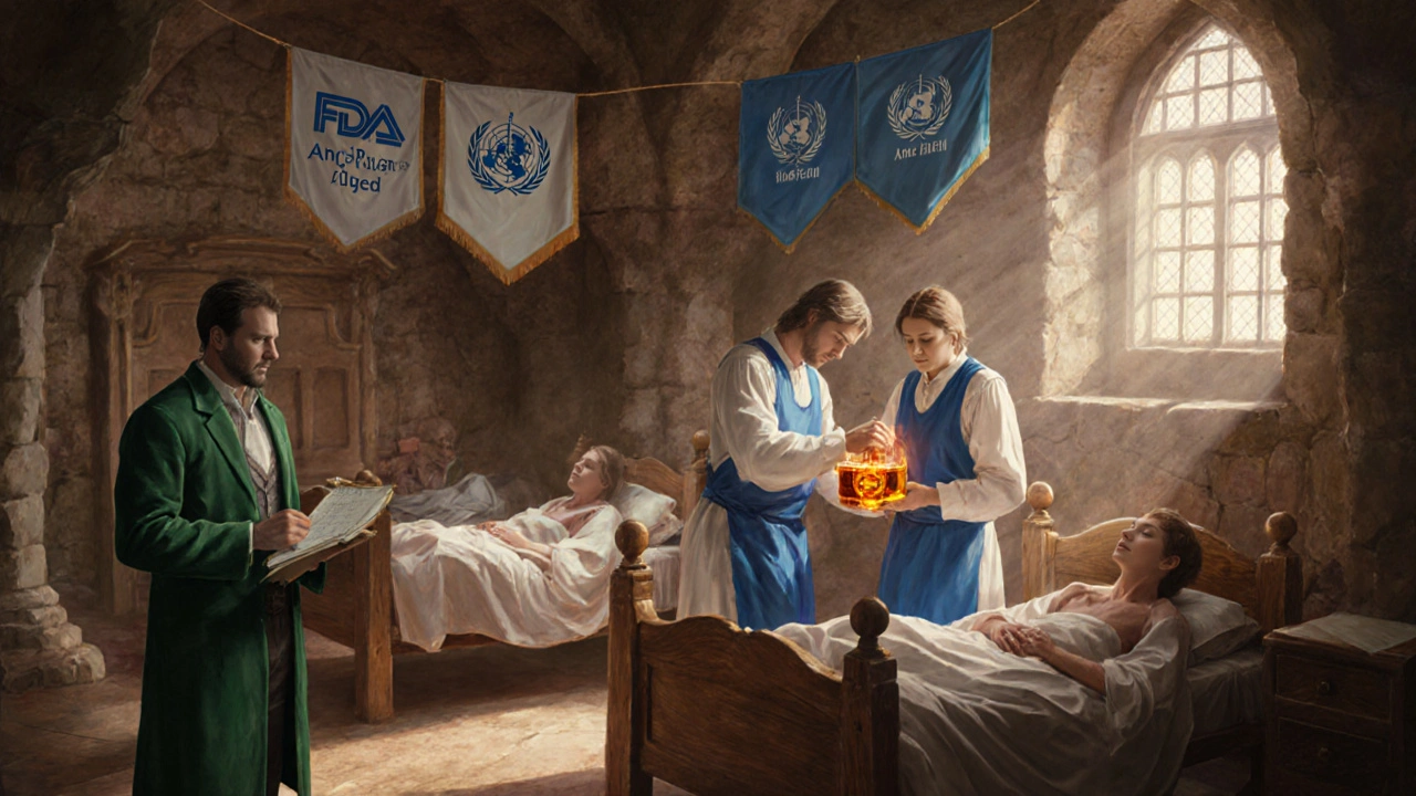 Medieval infirmary healers give Amc-Puren, with FDA and WHO banners overhead.