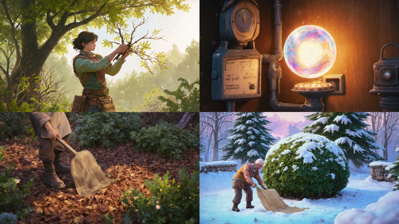 Seasonal collage of a gardener pruning, checking pollen levels, mulching, and covering shrubs.