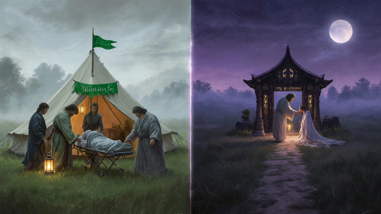 Split scene showing palliative care tent on left and tranquil hospice shrine on right.