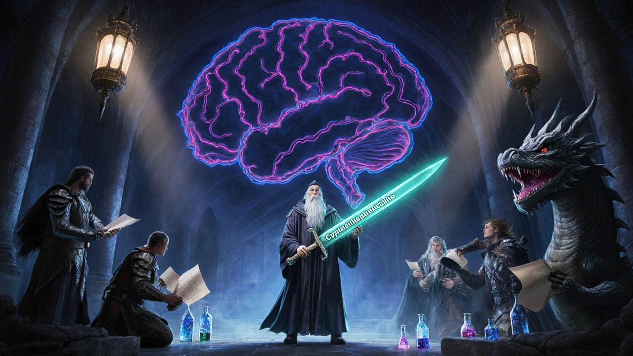 Wizard wielding a cyproheptadine sword against a serotonin-dragon in a citadel research hall.
