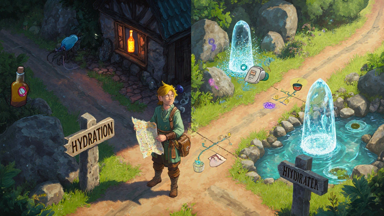 Adventurer at a crossroads choosing between a tavern with alcohol and a crystal spring with water.