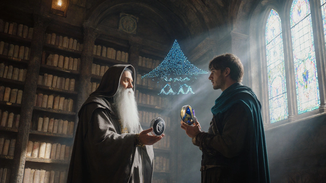 Adventurer consulting a sage in a luminous library clinic with magical hearing aid symbols.