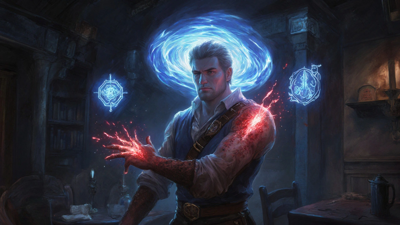 Adventurer surrounded by a dizzy swirl, blue aura for low sodium, and red skin glow indicating rash.