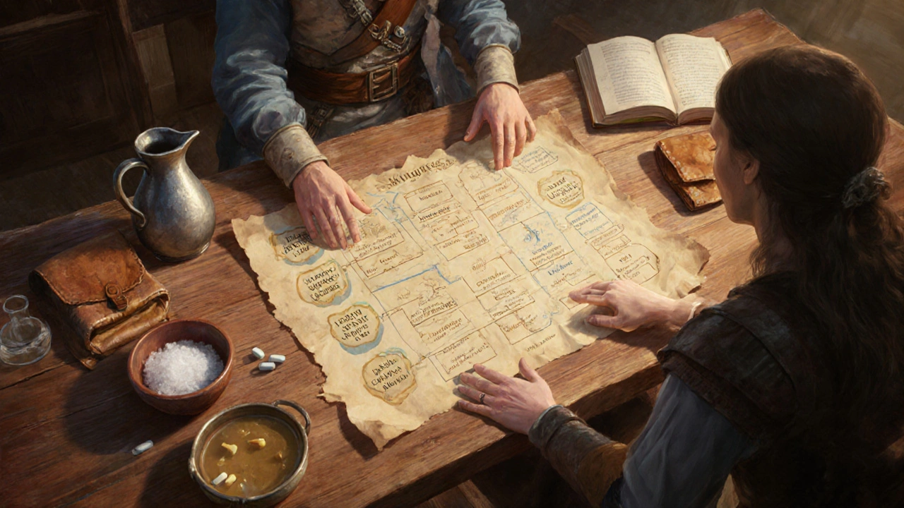 Adventurer with healer reviewing a scroll and items like water flask and pill pouch, showing management plan.
