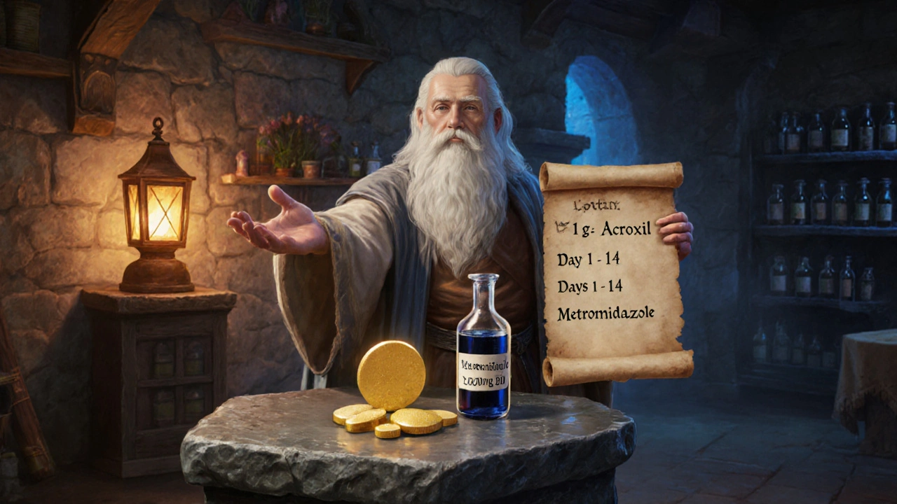Alchemist offers glowing Acroxil tablet and Metronidazole vial with dosage scroll.