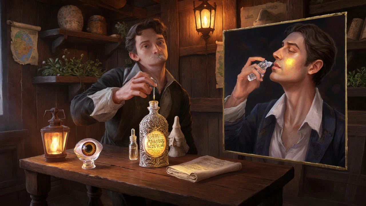 Alchemist prepares eye drops and nasal spray in a warm tavern setting.