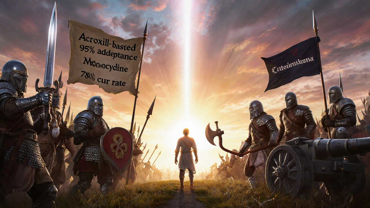 Battlefield compares Acroxil regimen vs standard CDC treatment with stats banners.