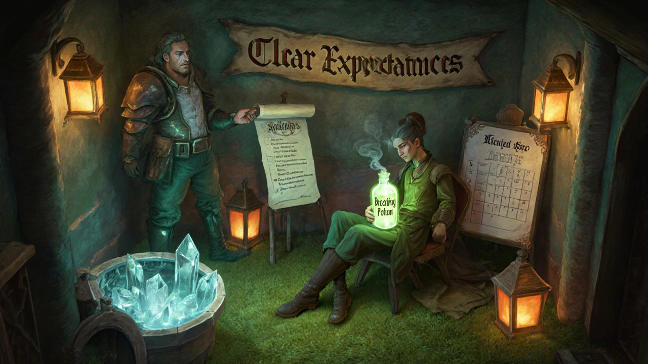Calm quiet zone with mentor giving breathing potion and task checklist.