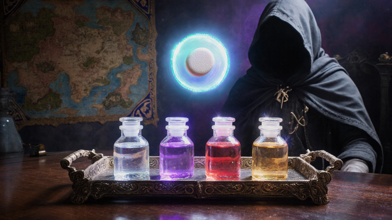 Dental tray of potion‑like vials with glowing zolmitriptan tablet floating above.