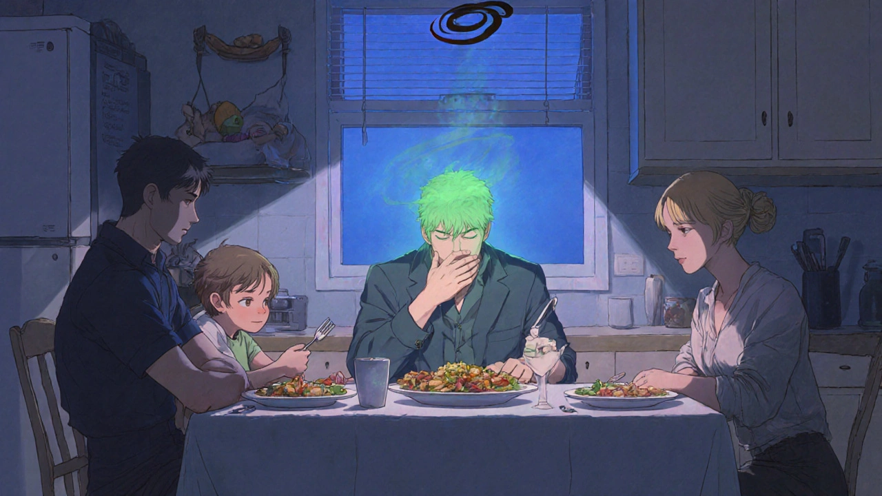 Dinner scene showing nausea, insomnia, and emotional blunting affecting family members.