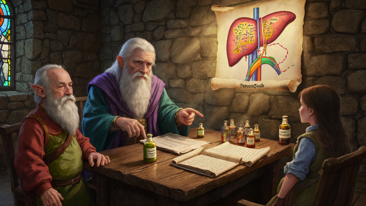 Elder pharmacist advising elderly dwarf, pregnant elf, and child with potion bottles and liver diagram.