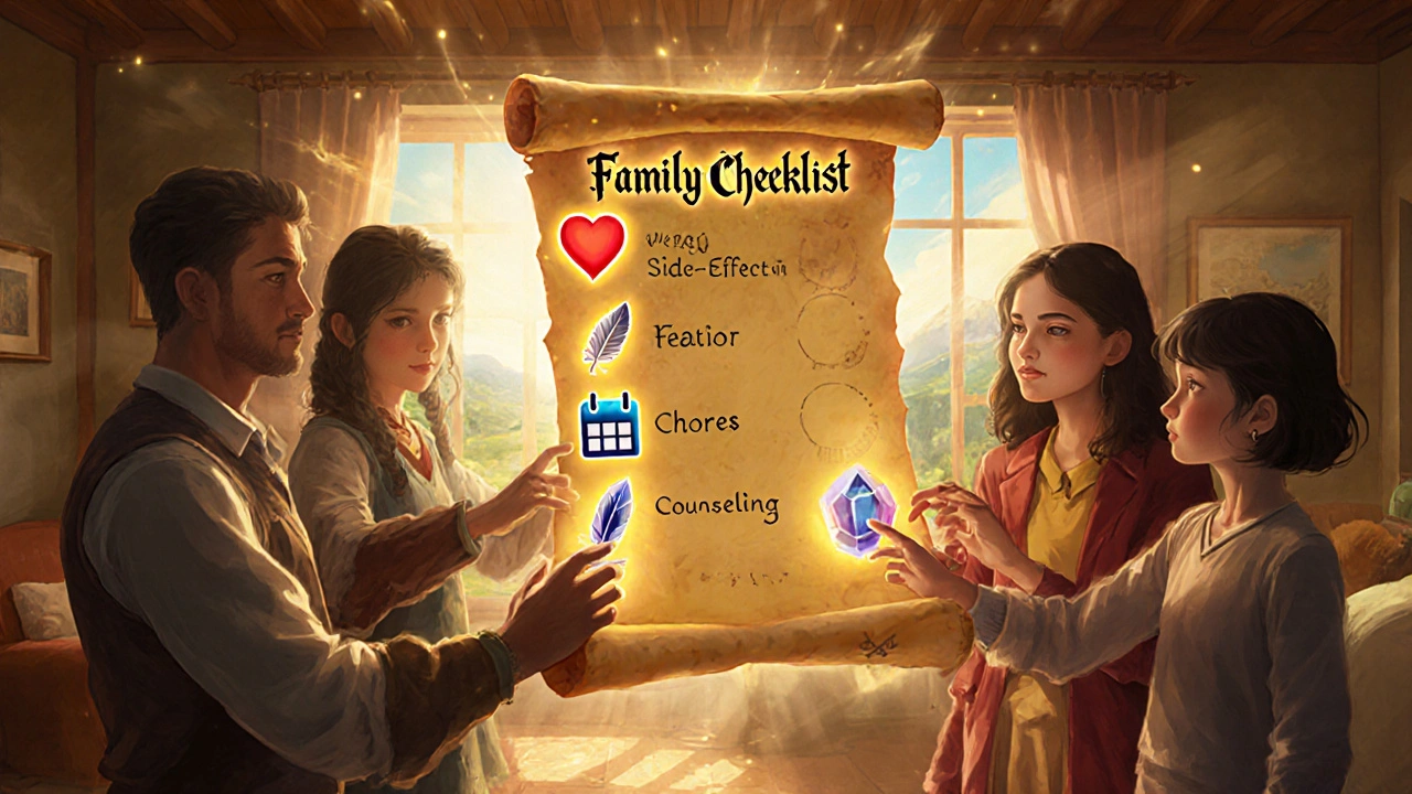 Family gathered around a glowing checklist scroll with icons for health and communication.