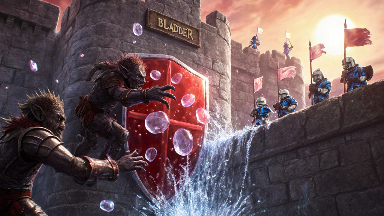 Fantasy battle showing E. coli goblins blocked by cranberry shield, D‑mannose decoys, and probiotic knights inside a bladder fortress.