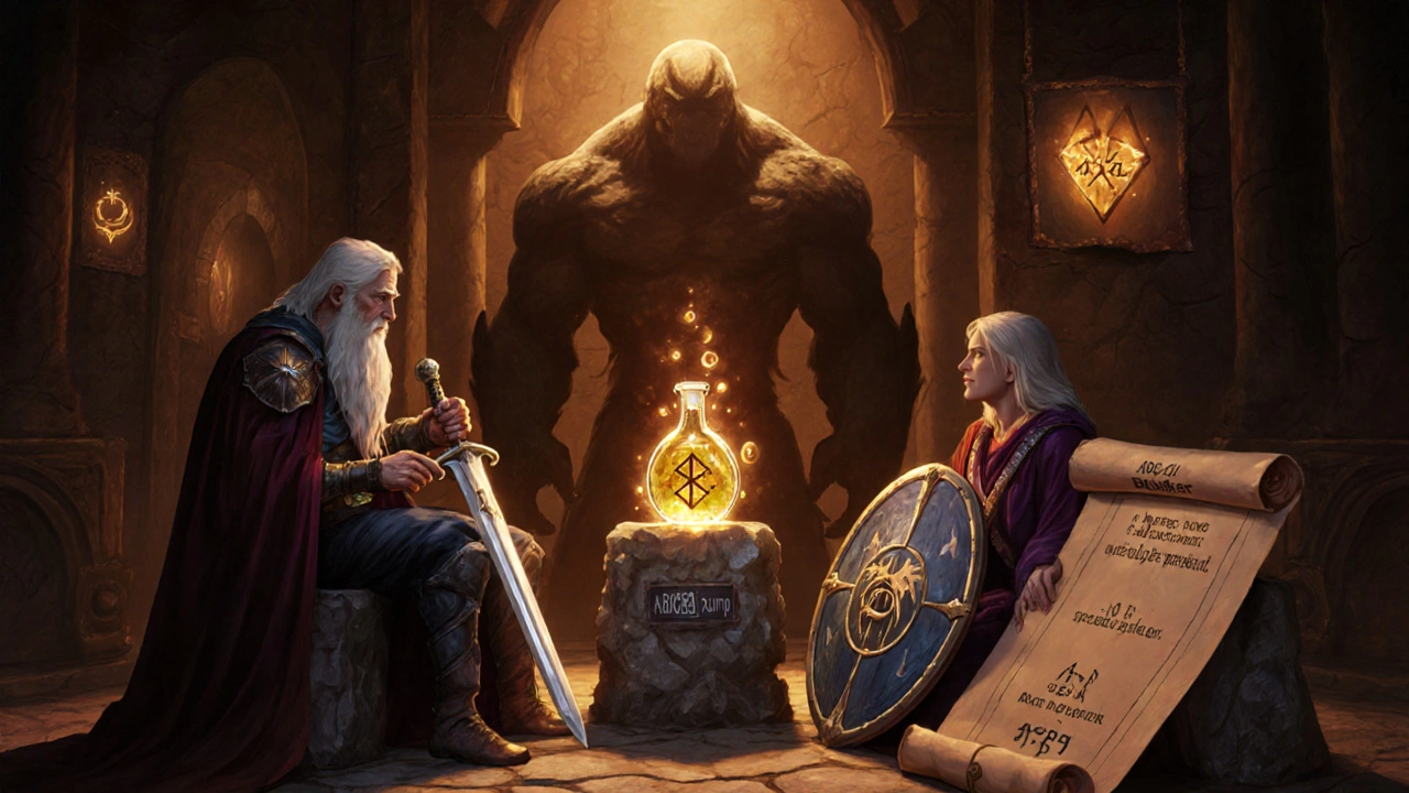 Fantasy council planning treatment options against a resistant tumor.