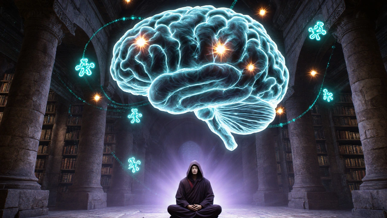 Floating brain with glowing neural pathways, surrounded by serotonin and GABA symbols, and a meditating monk nearby.