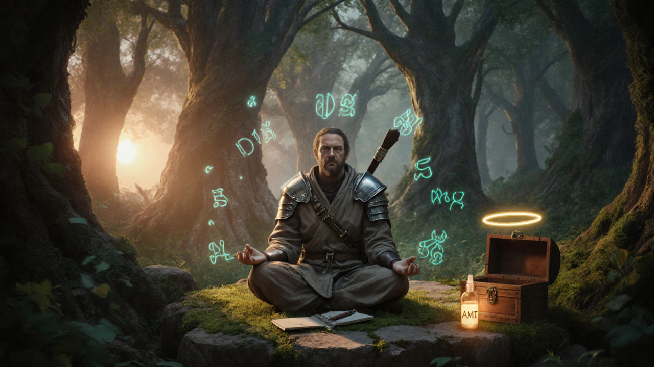 Forest glade ritual chamber at dawn, explorer meditating on a mossy stone with glowing dosage runes and a journal.