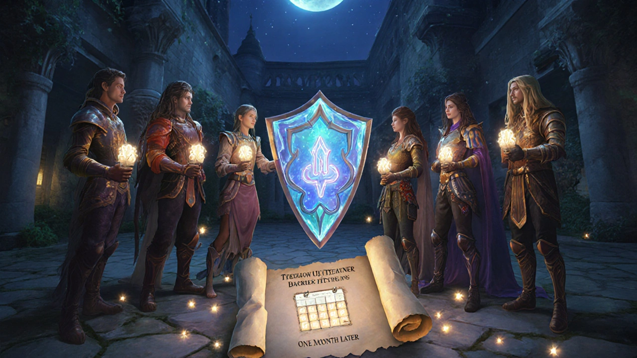 Group of heroes exchanging talismans, raising a shield, and a scroll indicating follow‑up testing.