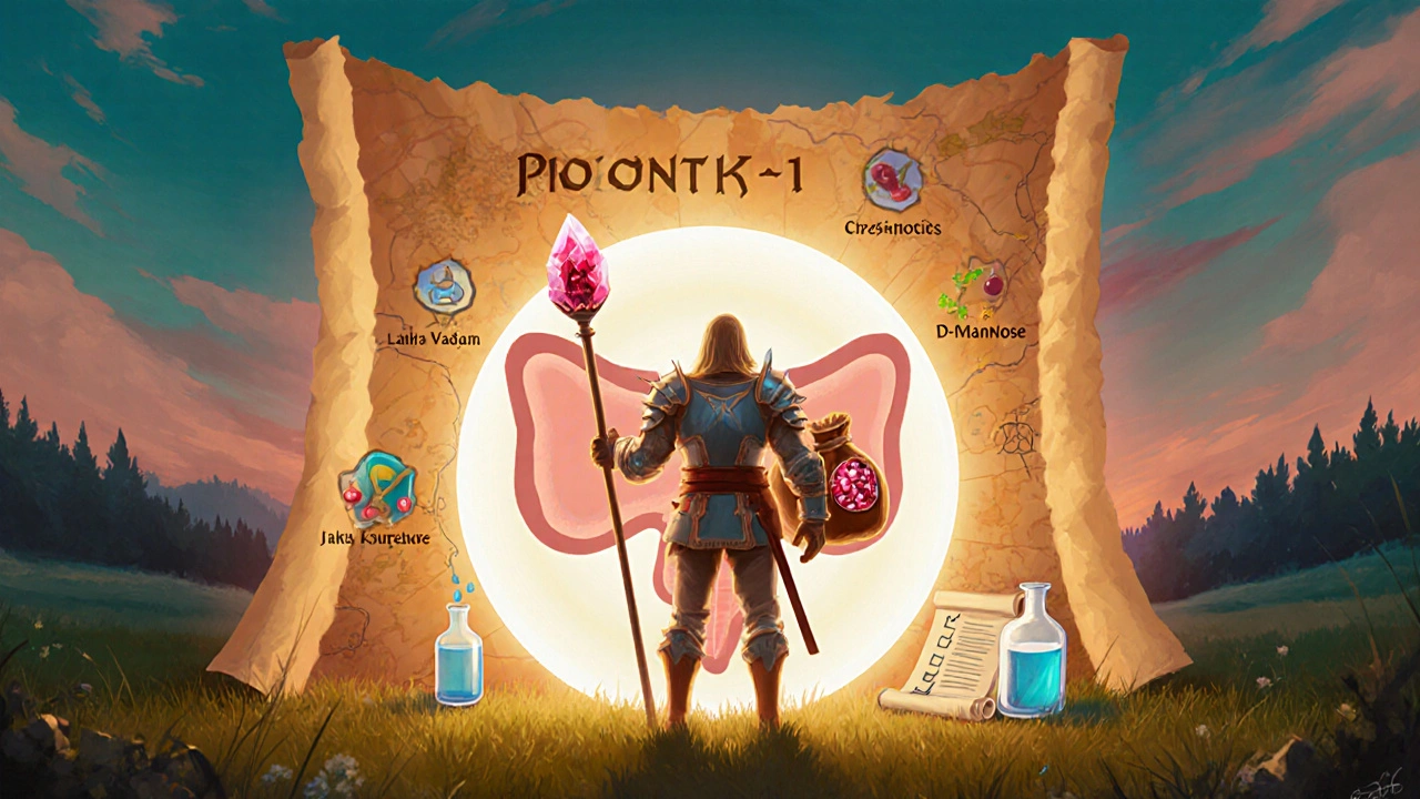 Hero adventurer with supplement staff stands before a glowing bladder portal, map of 12‑week plan beside them.