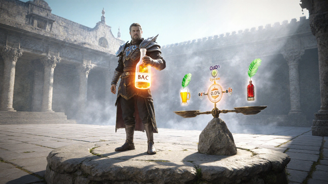 Hero holds a glowing BAC vial, balance scale shows stability vs dizziness, BAC levels displayed.