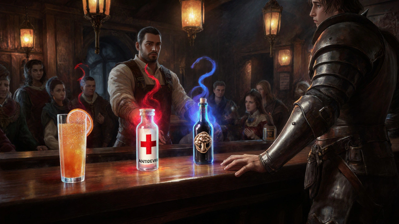 Hero in tavern reaching for grapefruit juice, antibiotic vial, and antifungal bottle with magical auras.