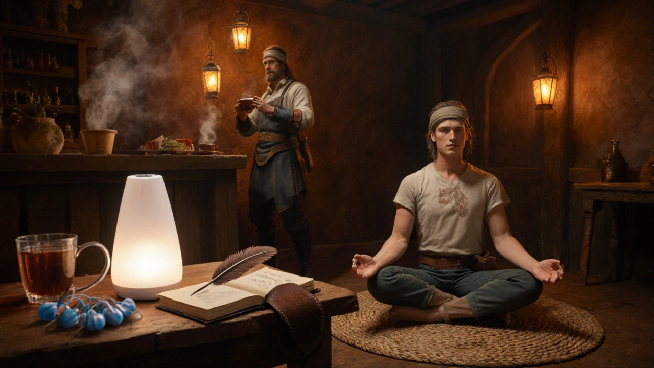 Hero in tavern using earplugs, white-noise device, and practicing yoga beside a diary.