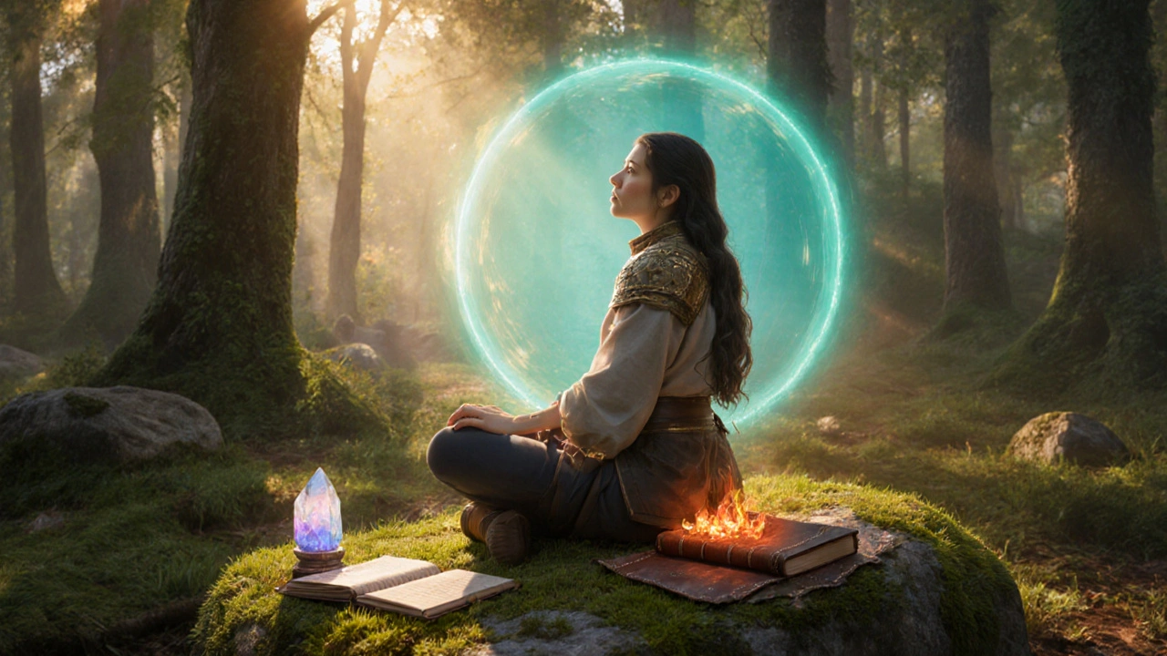 Hero practicing breathing and pelvic exercises in a sunlit forest clearing with journal and heat pack.