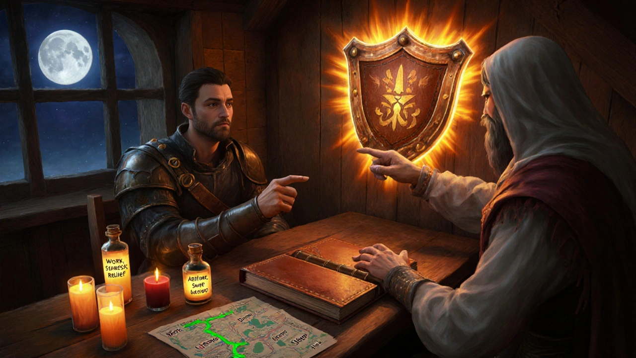 Hero reviewing a seizure diary with healer, surrounded by potions and a safety shield in a tavern.