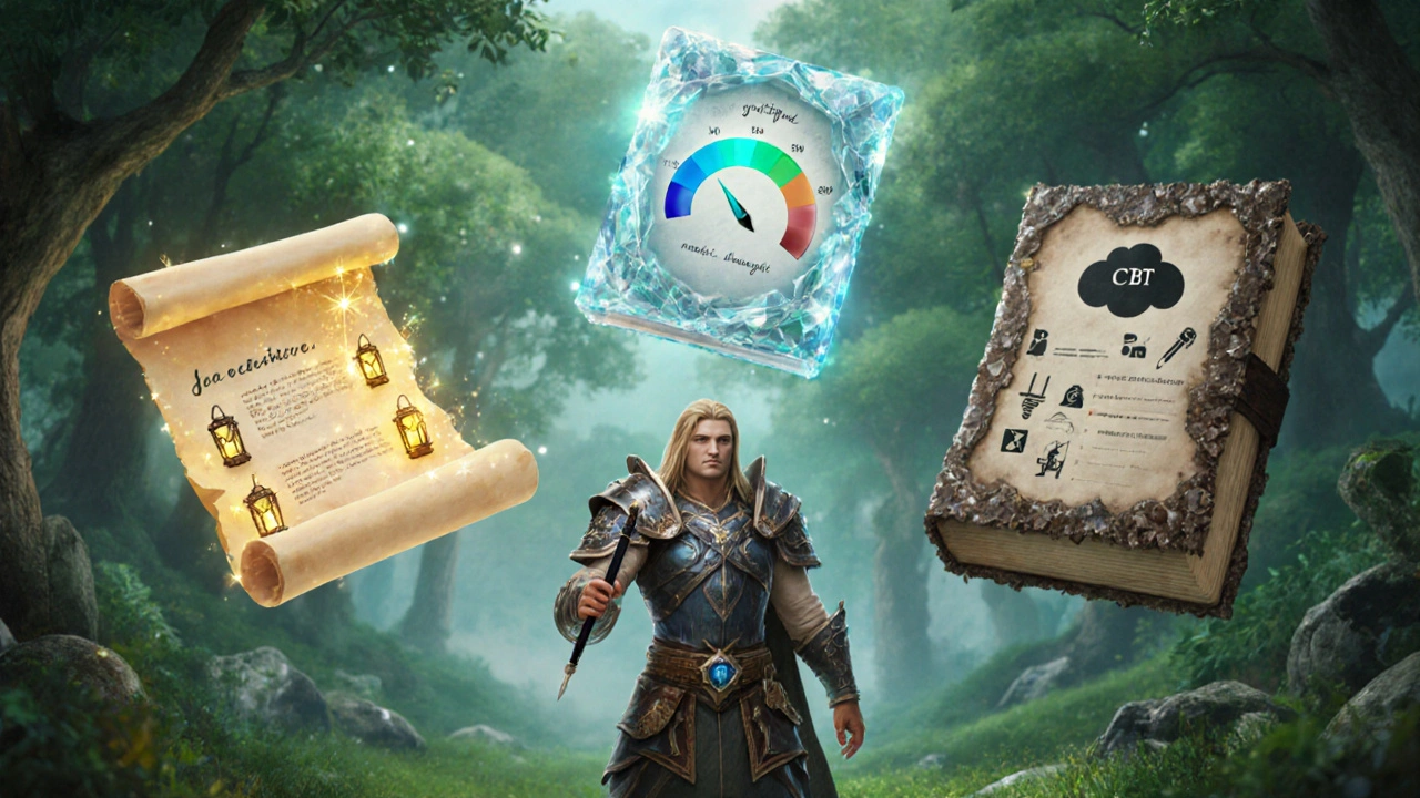 Hero surrounded by three magical journals showing gratitude, mood tracking, and CBT.