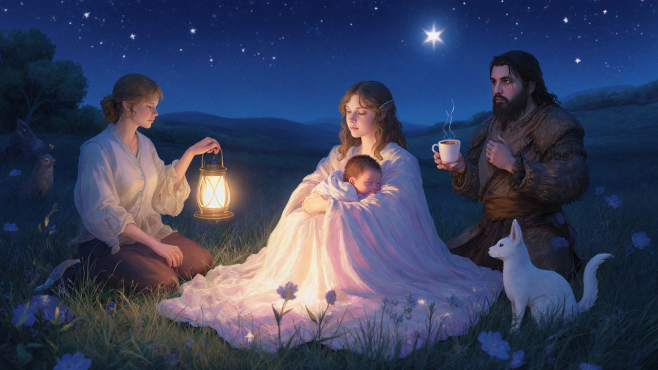 Heroine cradles newborn in meadow at dusk, surrounded by supportive companions.