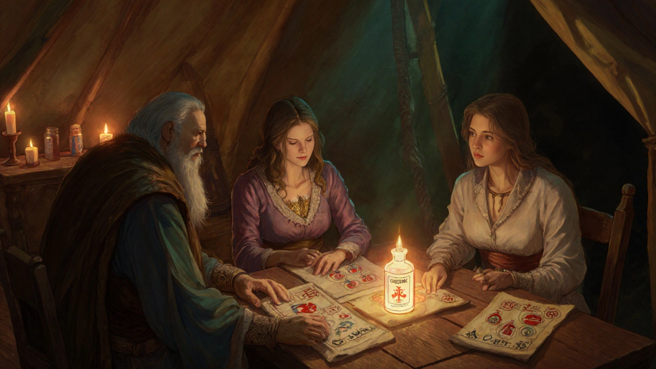 Infirmary scene with heroine, neurologist, and healer reviewing medication scrolls.