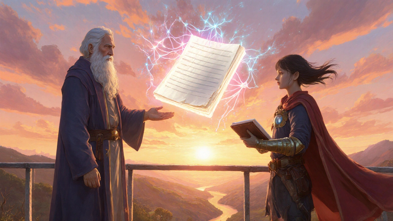 Mentor and hero on a balcony with a glowing journal forming neural pathways.