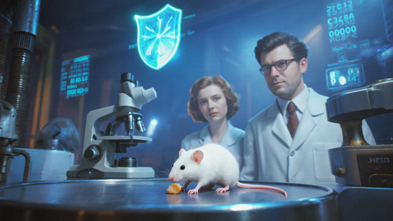 Mouse with graft under observation in a vintage research lab.