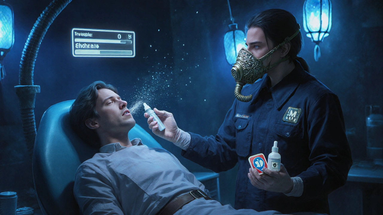 Patient using nasal spray while dentist provides oxygen in a dim, blue‑lit emergency room.