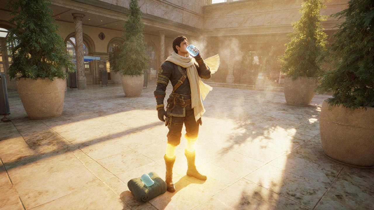 Post‑flight adventurer in sunny concourse, drinking water, legs surrounded by golden aura.