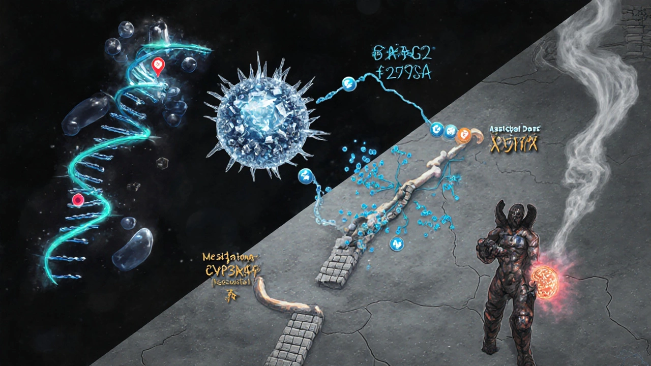 RPG illustration of mutation, efflux pump, enzyme degradation, bypass signaling, and EMT mechanisms.