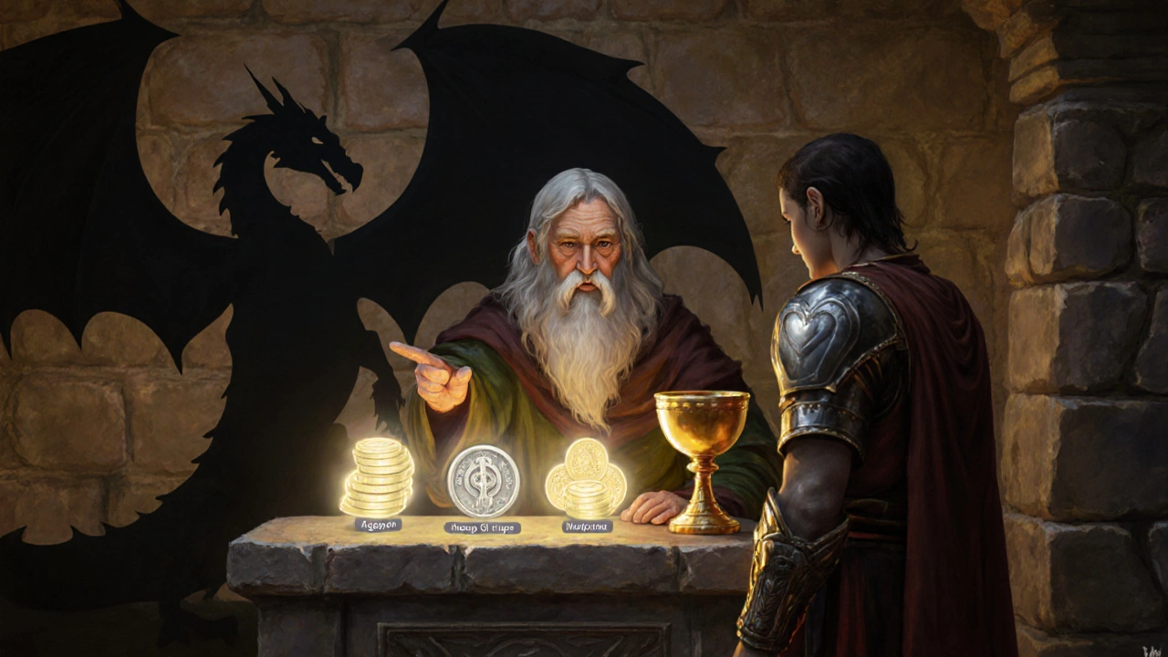 Sage doctor showing cost and risk relics to a warrior patient in a clinic.