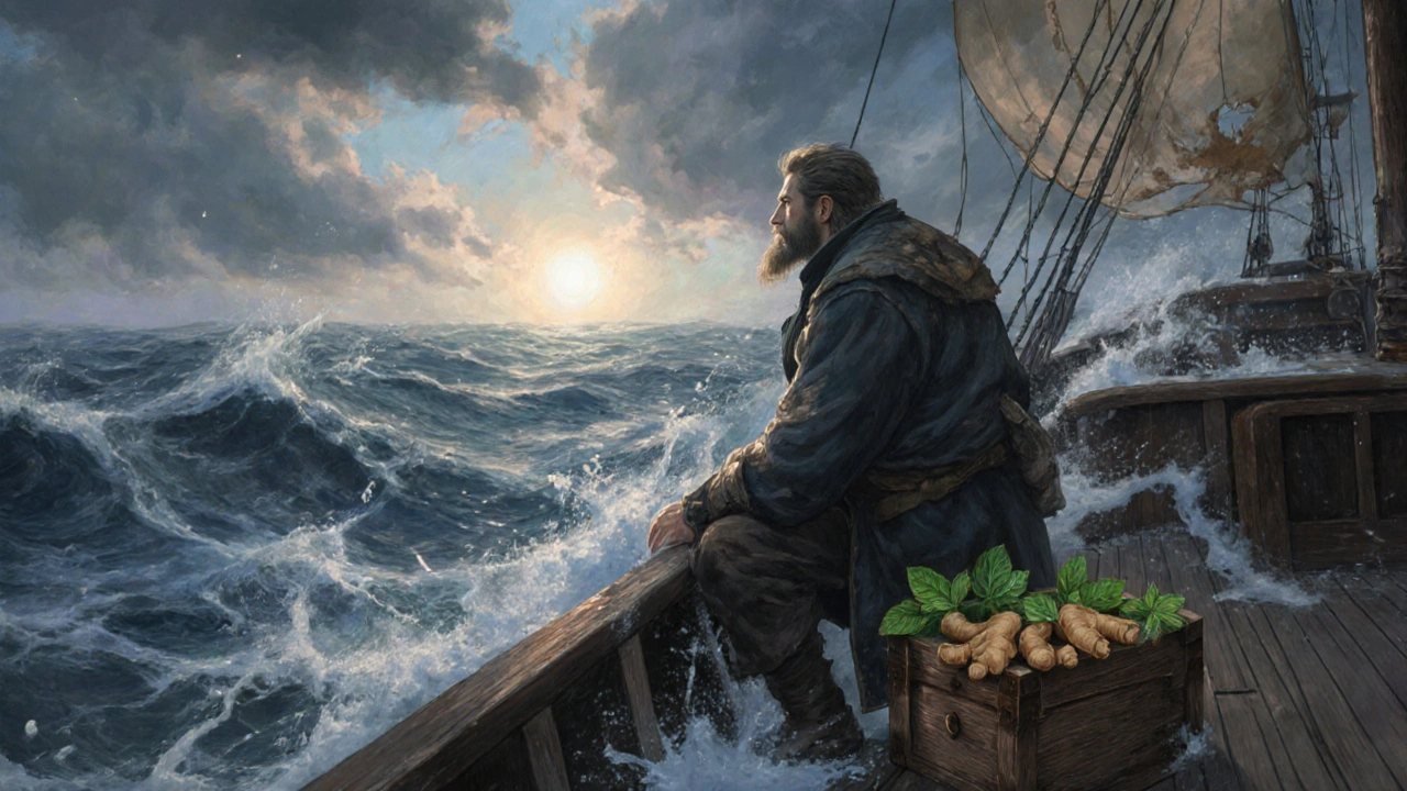 Sailor on a stormy deck focusing on a distant horizon with ginger nearby.