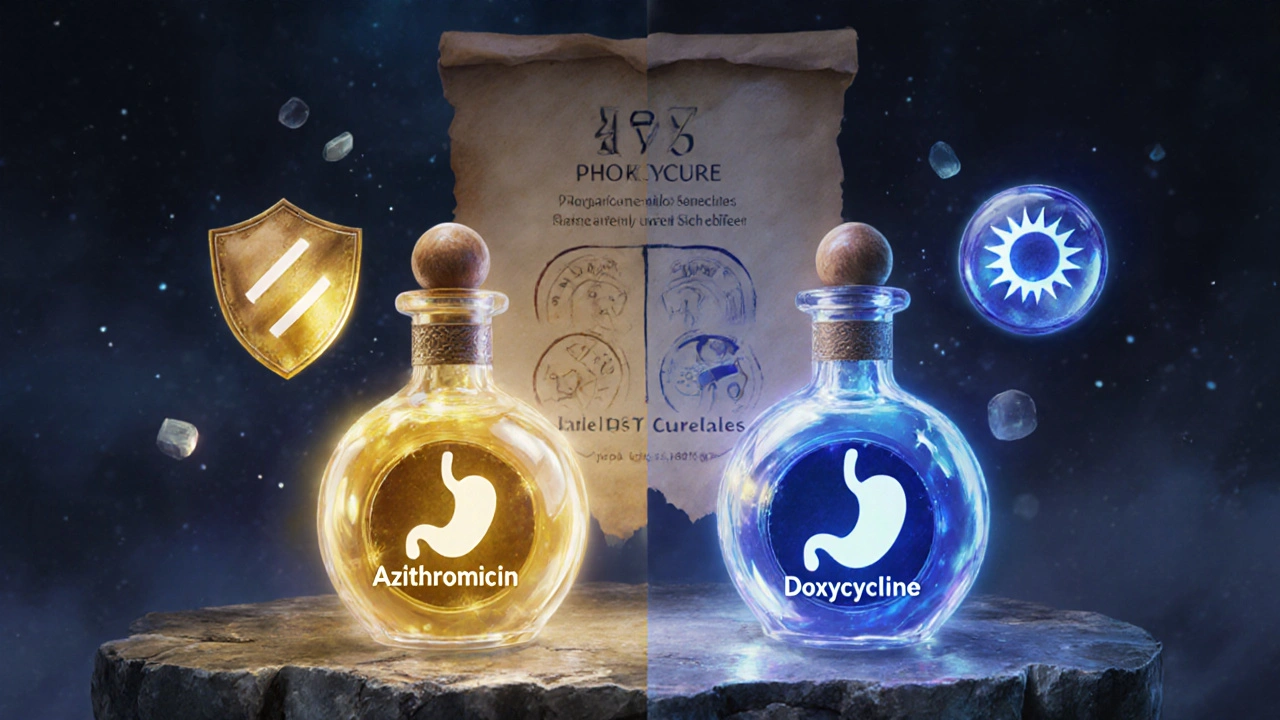 Side‑by‑side enchanted bottles comparing two antibiotics with visual icons of safety and side effects.