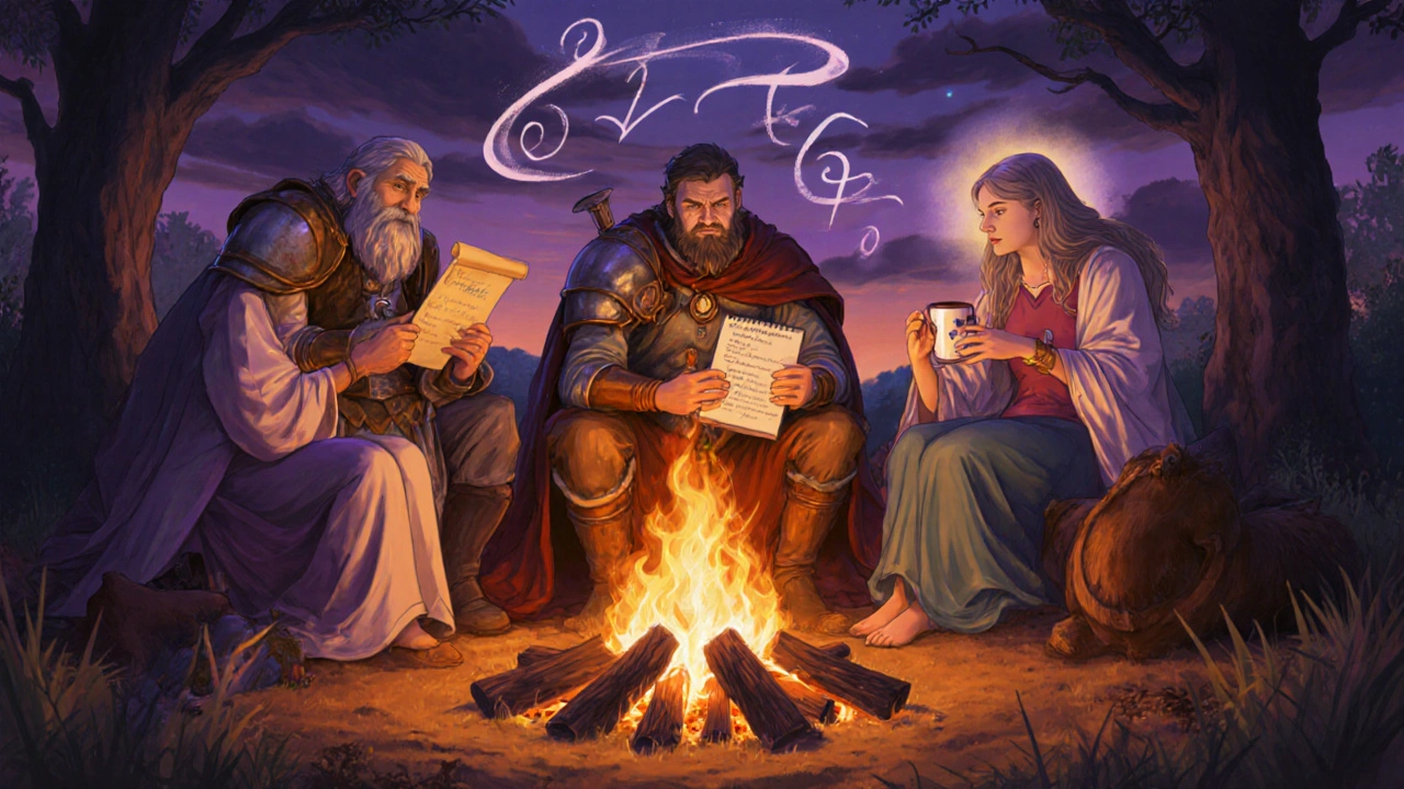 Supportive group around campfire sharing care, with hero holding a symptom journal, symbolizing community.