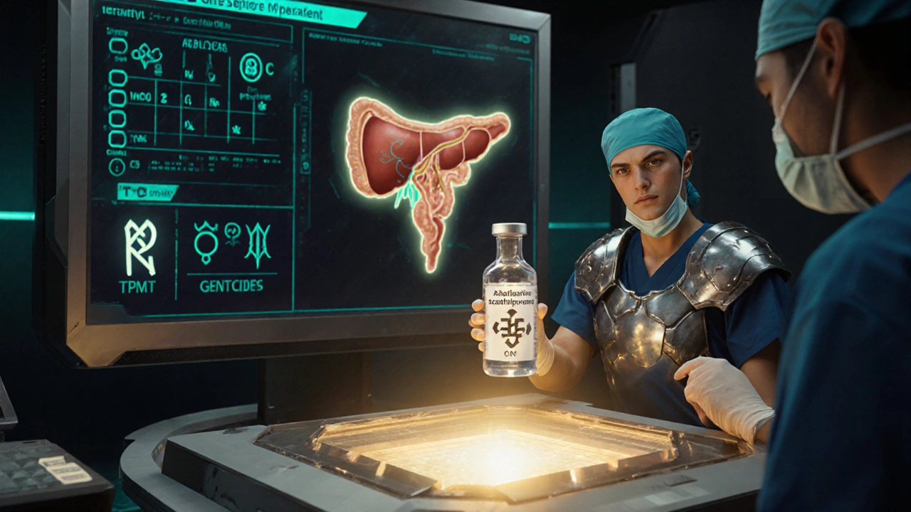 Surgeon holding azathioprine vial beside a glowing transplanted organ.