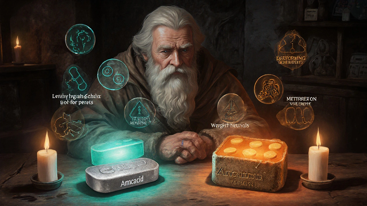 Tavern table displaying Amcacid and Metformin artifacts with effect icons.