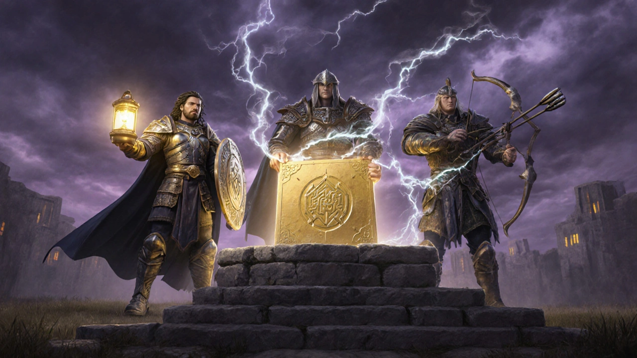 Three heroic figures stand beside a golden Divalproex tablet on a battlefield under a stormy sky.