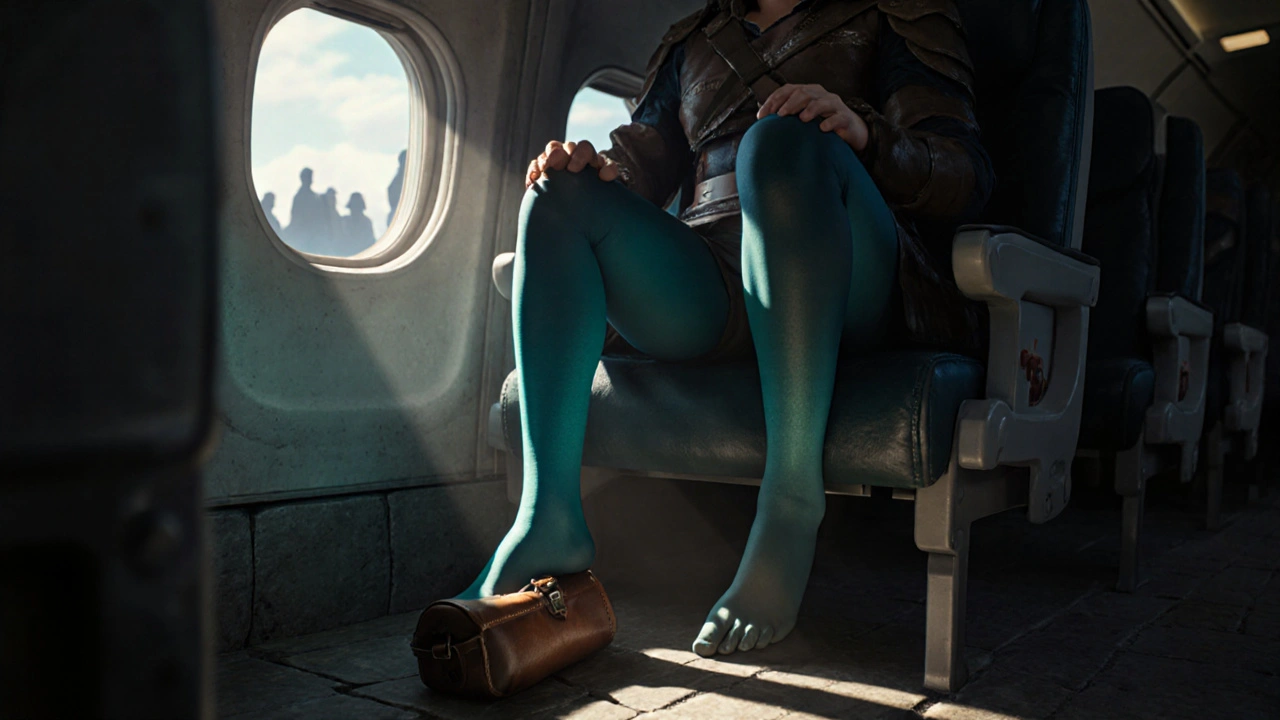 Traveler seated on plane, wearing gradient compression stockings, doing calf pumps with footrest.