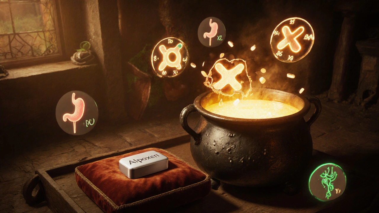 Alchemist's workshop showing Alpoxen tablet creation and enzyme symbols being broken.