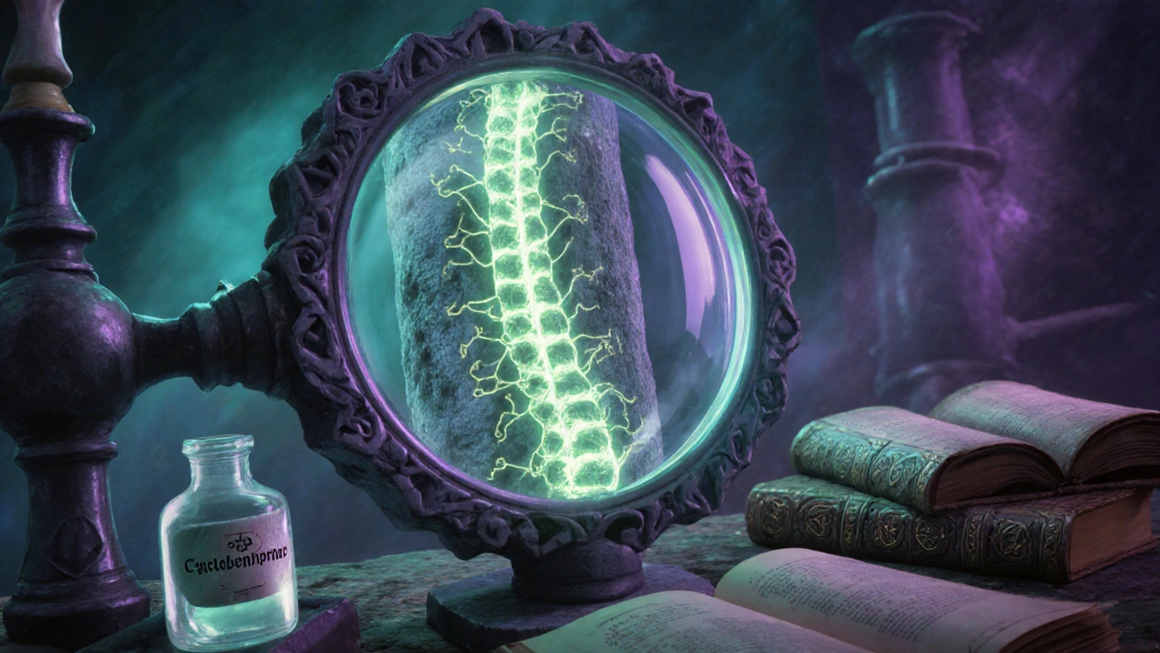 Alchemist studies a vial of Cyclobenzaprine, showing its effect on a glowing spinal cord model.
